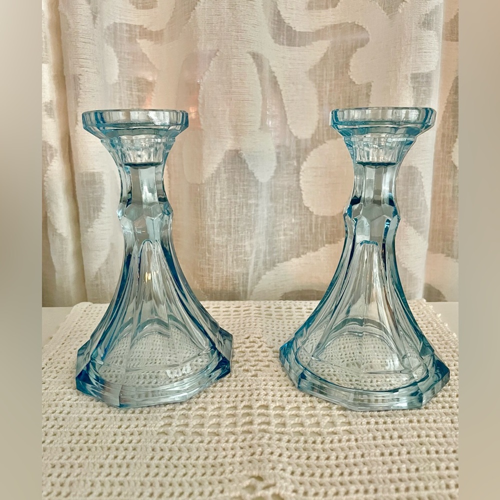 Set of Fostoria Virginia Light Blue Glass
Candlestick Holders 6”